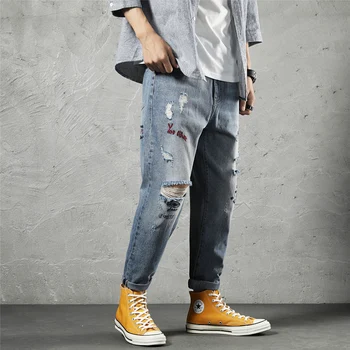 Japonų Stiliaus Mados, Vyrų Džinsai Žydros Spalvos Siuvinėjimu Dizaineris Kankina Haremo Kelnės Plačios Kojos Kelnių Streetwear Hip-Hop Džinsai Vyrams