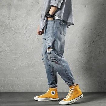 Japonų Stiliaus Mados, Vyrų Džinsai Žydros Spalvos Siuvinėjimu Dizaineris Kankina Haremo Kelnės Plačios Kojos Kelnių Streetwear Hip-Hop Džinsai Vyrams