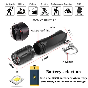 MINI Super ryškus LED Žibintuvėlis Naudoti T6 lempos granulių Portable LED Žibintuvėlis, Maitinamas AA tipo baterija Tinka naudoti lauko sąlygomis