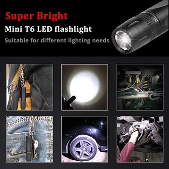 MINI Super ryškus LED Žibintuvėlis Naudoti T6 lempos granulių Portable LED Žibintuvėlis, Maitinamas AA tipo baterija Tinka naudoti lauko sąlygomis