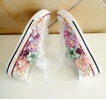 Svajonė Septynių Spalvų Gėlės Pearl Vandens gręžimo Verpalai Juostelės su storas dugnas vieną Moterų batai drobė batai