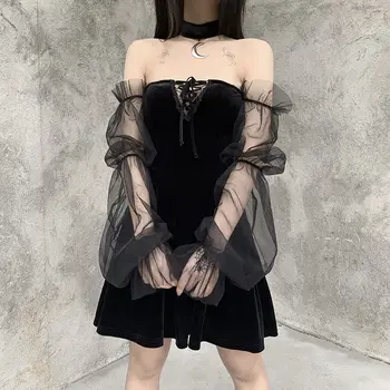 Moterų Gotikos Senovinių Nėrinių Juoda Suknelė Harajuku Goth Estetinės Akių Ilgomis Rankovėmis Mini Suknelės Moterų Aukšto Juosmens Šalis Suknelė
