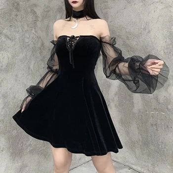 Moterų Gotikos Senovinių Nėrinių Juoda Suknelė Harajuku Goth Estetinės Akių Ilgomis Rankovėmis Mini Suknelės Moterų Aukšto Juosmens Šalis Suknelė