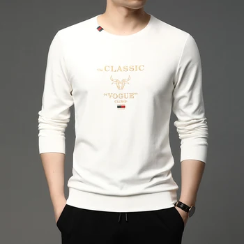 Aukštos kokybės ilgomis rankovėmis T-shirt vyrų mados bičių siuvinėjimo dugno marškinėliai pavasarį ir rudenį apvalios kaklo megztinis
