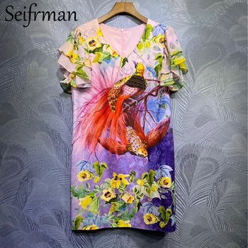 Seifrmann Pavasarį Moterys Mados Dizaineris Šalies Trumpą Suknelę Drugelis Rankovės Spalvingas Kristalų Duobute Gėlių Spausdinti Prarasti Suknelės