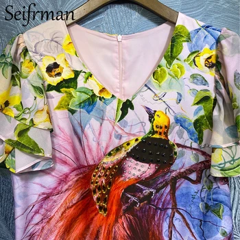 Seifrmann Pavasarį Moterys Mados Dizaineris Šalies Trumpą Suknelę Drugelis Rankovės Spalvingas Kristalų Duobute Gėlių Spausdinti Prarasti Suknelės