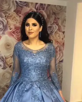 Vintage Blue Musulmonų Keltas Suknelės Nėrinius, Karoliukus Su Pilna Rankovėmis Reljefiniai Kamuolys Suknelė Vestuvių Saudo arabų Ilgai Oficialų vakarinę Suknelę