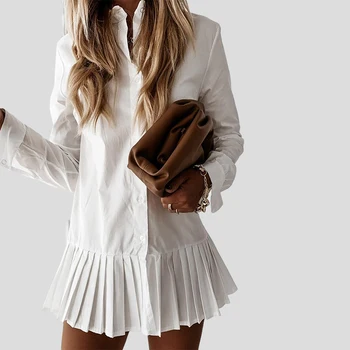 Rudenį Ilgomis Rankovėmis Balti Plisuotos Marškinėliai Suknelė 2020 M Moteris Laisvalaikio Pasukite Žemyn Apykaklės Mini Suknelė Mygtuką Lady Linijos, Biuro Vestidos