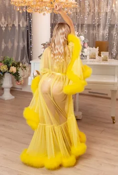 Seksualus Dirbtiniais Kailiais Lady Sleepwear Kimono Suknelę Nėščioms Moterims Chalatas Vien Pižamą Geltona Skraiste Prom Bridesmaid Shawel