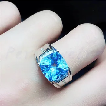 Vyrų žiedas Topazas žiedas Nemokamas pristatymas Gamtinių nekilnojamojo mėlynas topazas 925 sterling silver 10*10mm 6.5 ct brangakmenio Fine jewelry #S18060103