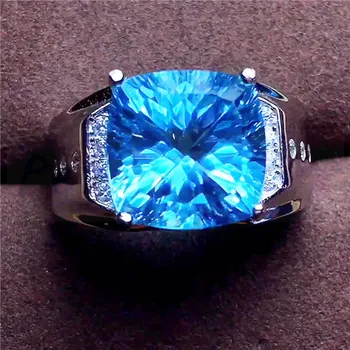Vyrų žiedas Topazas žiedas Nemokamas pristatymas Gamtinių nekilnojamojo mėlynas topazas 925 sterling silver 10*10mm 6.5 ct brangakmenio Fine jewelry #S18060103