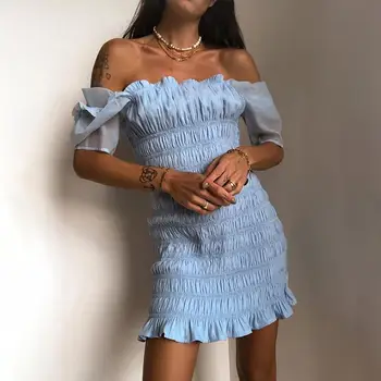Vasaros Slim Fit Maišelį Klubo Suknelė Trumpos Suknelės Moterų 2020 M. Naujų Mėlyna trumparankoviai Aikštėje Apykaklės Grybelio Elegantiškas Suknelės Vestidos