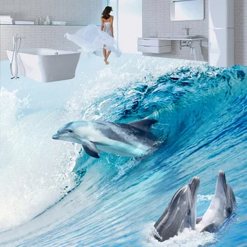Custom Grindys, Sienos Popieriaus 3D Stereoskopinis Delfinų, Jūrų Pasaulyje Vonios Kambarį Grindų Paveikslų lipnios Sienų Tapetai