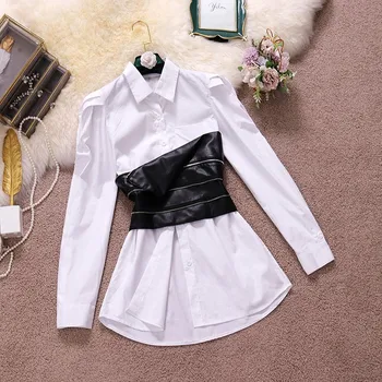Moterų Street Chic Stiliaus Baltos spalvos Marškinėliai Suknelė Atitikimo Užtrauktukų Black PU Odos Korsetas Twinset Suknelė TN519