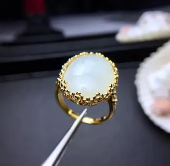 Natual Jade žiedas Nemokamas pristatymas Gamtinių nekilnojamojo Jade 925 sterlingas sidabro 15*20mm Fine jewelry