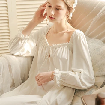Baltos Spalvos Pižamą Sleepwear Lady Pavasarį, Rudenį Ilgomis Rankovėmis Nightdress Prarasti Moterų Princesė Nightgowns Patogus