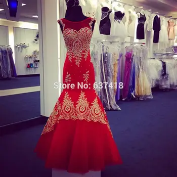 Chalatas de Soiree Longue Ilgai Undinė vakarinę Suknelę Oficialią Suknelės Raudona Prom Dresses su Aukso Nėrinių Appliques ir Akmenys