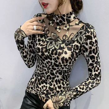 Pavasarį ir Rudenį Nėrinių Aplikacija Leopardas Spausdinti Dugno Marškinėliai, Moteriški marškinėliai Madinga Prekės ženklas Top Atsitiktinis Pagrindinis T-shirt Moterims