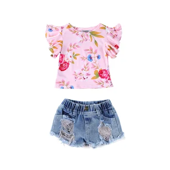 Vaikams, kūdikių mergaitės skristi rankovėmis viršūnes gėlių, T-marškinėliai, džinsai skylę šortai bamblys mergina drabužius vaikų vasaros mados rinkiniai 2vnt 1-6Y