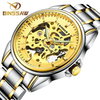 BINSSAW 2020 Aukso Laikrodžiai Vyrams Prabanga Viršų Markės Nerūdijančio Plieno Mados Skeletas Automatinis Mechaninė Relogio Masculino