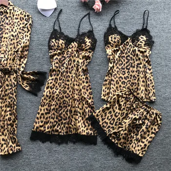 Seksualus Leopard Moterų Apdaras Nustatyti 4 Gabalus Skraiste+Nightdress+Top+Shorts Kostiumas Šilko Satino Pižama Rinkiniai Vasaros Sleepwear Nėriniai Naktiniai Drabužiai