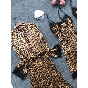 Seksualus Leopard Moterų Apdaras Nustatyti 4 Gabalus Skraiste+Nightdress+Top+Shorts Kostiumas Šilko Satino Pižama Rinkiniai Vasaros Sleepwear Nėriniai Naktiniai Drabužiai