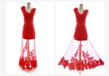 Nemokamas pristatymas vestidos de fiesta raudona ilgai karšto seksualus chalatas de soiree 2019 naujas mados nėriniai appliques šalies vakare gown prom dress