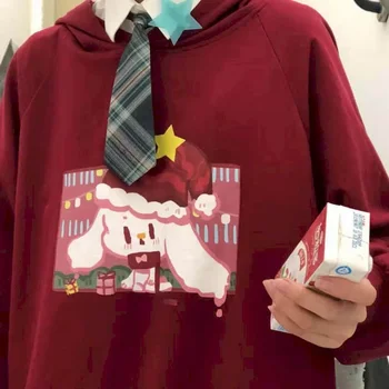 Hoodies moteris Rudens-žiemos Japonijos minkštas mergina prarasti animacinių filmų mielas medvilnės triušis spausdinti Kalėdų plonas gobtuvu megztinis moteriška viršų