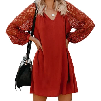 2020 Mados Moterų Boho Vasaros Nėriniai ilgomis Rankovėmis-Line Mini Suknelė Ponios Atsitiktinis V-kaklo Kratinys Sundress Juoda Raudona
