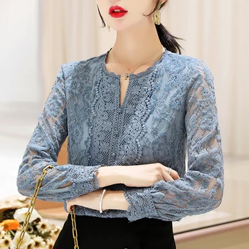 2021 M. Rudenį Elegantiškas Nėrinių Marškinėliai Moterims Ilgomis Rankovėmis Megzti Gėlių Marškiniai Plius Dydis Moterų Palaidinė Korėjos Siuvinėjimo Viršūnes Blusas 10357