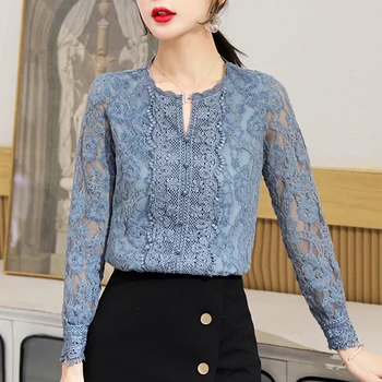 2021 M. Rudenį Elegantiškas Nėrinių Marškinėliai Moterims Ilgomis Rankovėmis Megzti Gėlių Marškiniai Plius Dydis Moterų Palaidinė Korėjos Siuvinėjimo Viršūnes Blusas 10357