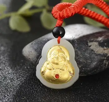 Aukso inkrustacijos jade pakabukas, aukso inkrustacijos ir jade aukso inkrustacijos jade Guanyin Budos (jade pendantJ03#