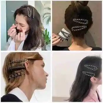 1Pcs Korėja Mados plaukų segtukai Moterų Aukso Lydinio Grandinės Plaukų Clips Merginos Prabanga Juoda Grandinės Barrettes Plaukų Aksesuarai Dovanos