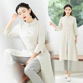 2020 Kalėdų Kinų stiliaus medvilnės ir lino marškiniai, moterų Zen arbatos jogos drabužių vientisos spalvos Zen suknelė marškinėliai stand-up apykaklės