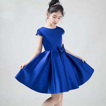 Royal Mėlyna Satino Kelio ilgis Mergaičių Suknelės Vakare Prom Princesė Paprasta Vaikai-line Gėlių mergaičių Suknelės