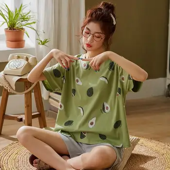 Žalia Sleepwear Rinkiniai Moterims Mielas Modelio Pižama, 100 %Medvilnės Trumpos Namų Drabužiai Karšto Pardavimo Apatiniai Pijamas