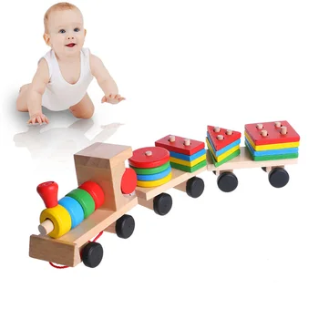 Vaikų Vystymosi Kūdikių Žaislai, Mediniai Traukinio Sunkvežimių Geometrijos Blokai Švietimo Žaislas