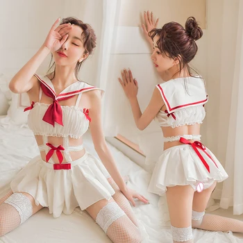 Moterų Sexy porno kraujavimas iš Erotinio Studentų vienodas Per Pagundai Suaugusiųjų Suknelė Sailor Cosplay Kostiumų žaidimas Šifono Krūties wrap puikus