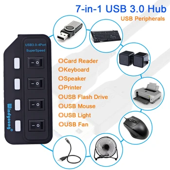 4-Port USB Hub 3.0 Didelio Greičio 5Gbps USB 3.0 Hub Jungiklis su LED Multi USB Skirstytuvo Nešiojamas KOMPIUTERIS MUMS/ES Maitinimo Adapteris Neprivaloma