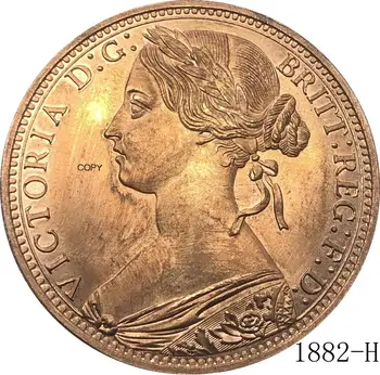 Jungtinė Karalystė 1882 H 1 Vieno Cento Karalienės Viktorijos Didžiosios Britanijos Bronzos Portretas Raudona, Vario Monetos Kopija Su Lygaus Krašto