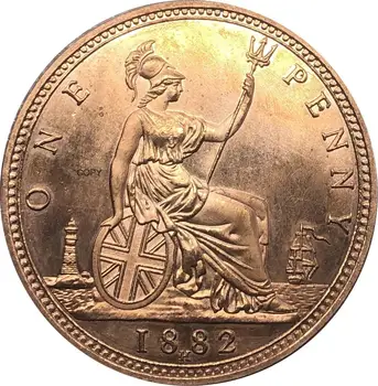 Jungtinė Karalystė 1882 H 1 Vieno Cento Karalienės Viktorijos Didžiosios Britanijos Bronzos Portretas Raudona, Vario Monetos Kopija Su Lygaus Krašto