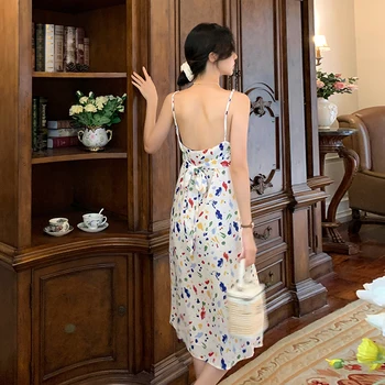 Prancūzijos šviesą gėlių spausdinti atostogų mados seksualus backless suknelė nėrinių bowknot diržų suknelė