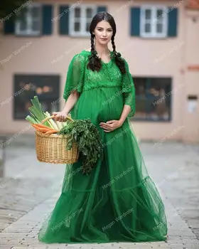 Žavinga Žalia Tiulio Nėrinių Motinystės Suknelės Linijos, Plius Dydis Vestuvių Nėštumo Kambariniai Chalatai Trumpas Rankovės Užsakymą