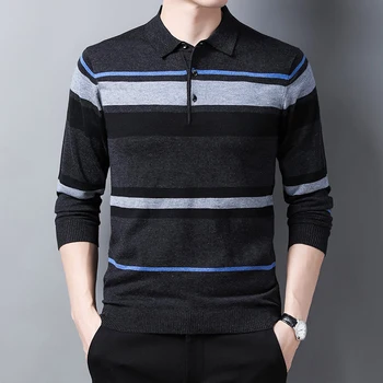 Ilgomis rankovėmis vyriški T-Shirt naujo stiliaus dryžuotas Megztinis paprasta verslo atsitiktinis vilnos, plonas, žemiausią megztinis