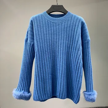 Moterų Mados Gražus Megztiniai (puloveriai) su nekilnojamojo triušio kailio naujųjų metų pavasarį 2021 Megztinis Kailis