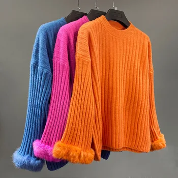 Moterų Mados Gražus Megztiniai (puloveriai) su nekilnojamojo triušio kailio naujųjų metų pavasarį 2021 Megztinis Kailis