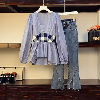 Didelio dydžio moteriški drabužiai 2020 naujų rudens drabužių sesuo Vakarų stiliaus amžiaus-sumažinti dryžuotas marškinėliai micro džinsai