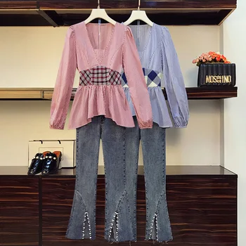 Didelio dydžio moteriški drabužiai 2020 naujų rudens drabužių sesuo Vakarų stiliaus amžiaus-sumažinti dryžuotas marškinėliai micro džinsai