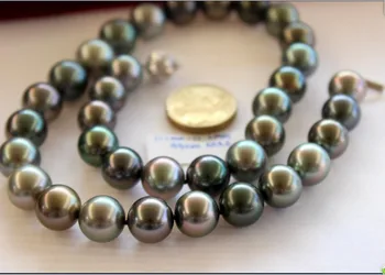 Nemokamas pristatymas karšto pardavimo Moterų Nuotakos Vestuvių Papuošalai >>10-11mm gamtos tahitian povas žalia perlų necklaces18inch sidabrinė