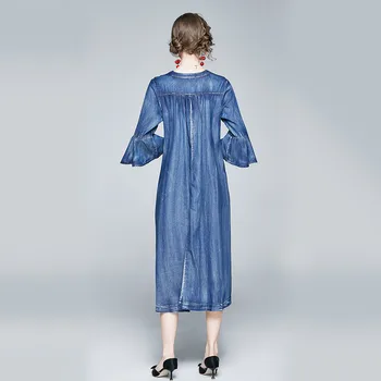 2021 Pavasario Mados Dizaineris Siuvinėjimo Prarasti Mėlyna Džinsinio Audinio Suknelė Moterims Blyksnius Rankovės Elegantiškas Atsitiktinis Skraiste Femme Derliaus Vestidos